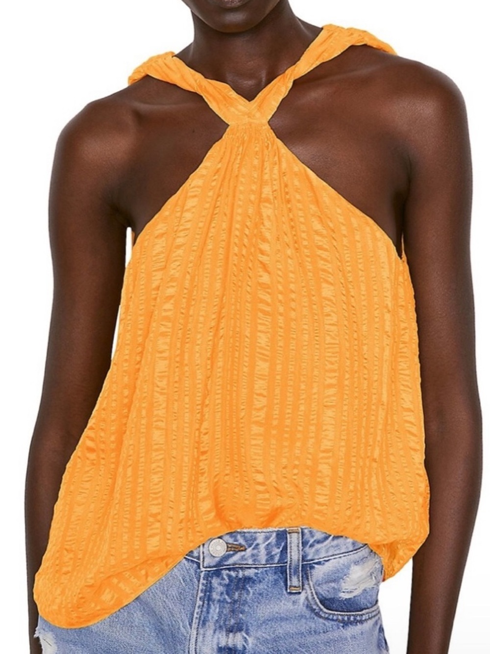 FRAME ORANGE TEXTURED SILK HALTER TOP